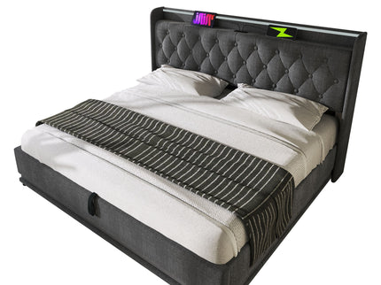 Upholstered Bed, 360 Surround LED Function, Remote Control, Hydraulic Storage Bed With USB, Type-C Charging (Without Mattress)