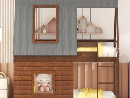 Wood Twin Size House Bunk Bed With Roof, Ladder And 2 Windows - Oak & Smoky Gray