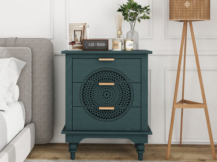Hollow Carved 3 Drawer Dresser With Metal Handles, Storage Chest For Living Room Or Bedroom - Blackish Green