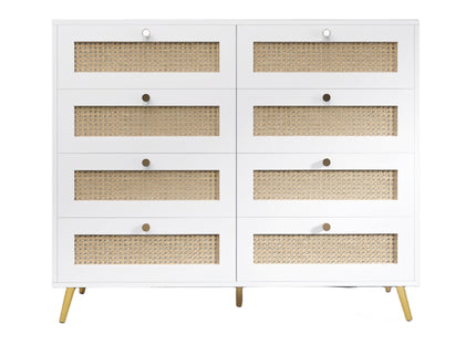 8 Drawers Chest Of Drawers With Rattan Drawer Face Golden Legs And Handles - White