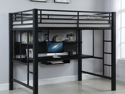 Ranier - Full Workstation Loft Bed, Full Length Desk, Safety Rails And Storage Shelves - Black