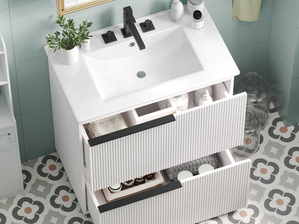Fluted Bathroom Vanity With Ceramic Sink, Soft Close Slides