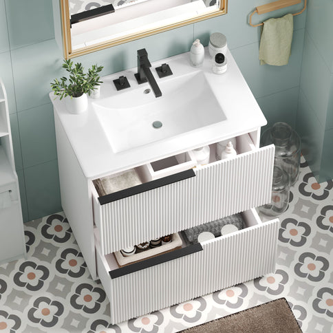 Fluted Bathroom Vanity With Ceramic Sink, Soft Close Slides