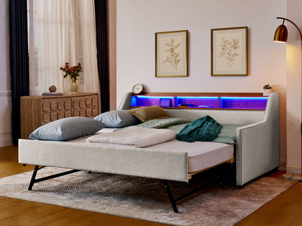 Upholstered Sofa Bed With LED Lights, Storage Headboard, Foldable Trundle & Wireless Charging