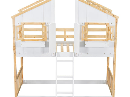 House Bunk Bed With Roof, Window, Window Box, Door, With Safety Guardrails And Ladder