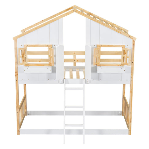 House Bunk Bed With Roof, Window, Window Box, Door, With Safety Guardrails And Ladder