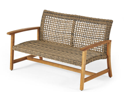 Outdoor Rattan Loveseat With Wooden Legs - Brown