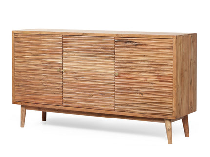 Boho Handcrafted 3 Door Sideboard, Carved Texture & Artisanal Charm - Natural