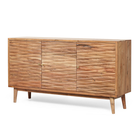 Boho Handcrafted 3 Door Sideboard, Carved Texture & Artisanal Charm - Natural