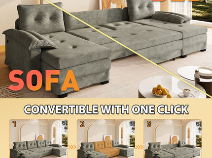 U-Shaped Sleeper Sofa With Pull Out Bed, Removable Armrests & USB Ports For Living Room