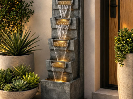 4 Tier Cascading Waterfall Fountain With Warm LED Lights, For Patio - Gray