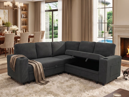 Upholstered L - Shape Sectional Sofa Bed With Pull Out Sleeper And Storage
