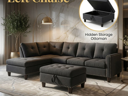 L - Shaped 3 Piece Sectional Sofa With Chaise, Storage Ottoman & Cup Holders