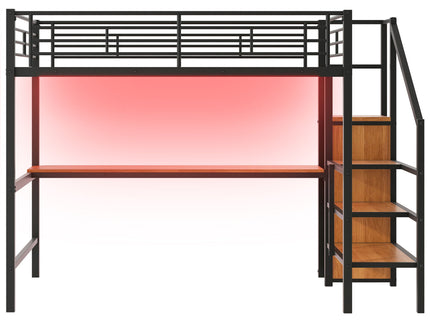 Loft Bed With Desk, Storage Staircase, Small Wardrobe And LED Light