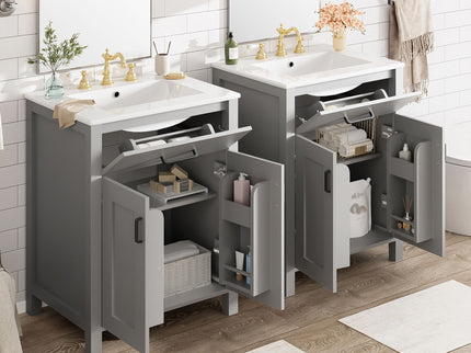 Bathroom Vanity With Ceramic Sink, Soft Close Doors, Flip Drawer, Double Layer Door Shelves