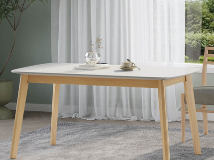 Dining Table With Splayed Rubberwood Legs & Faux Wood Tabletop, Mid Century Modern - White Oak