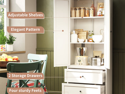 Pantry Cabinet With 2 Drawers, Freestanding Kitchen Storage Cabinet With Adjustable Shelves, Heavy-Duty Organizer For Spices, Dishware, Small Appliances - White