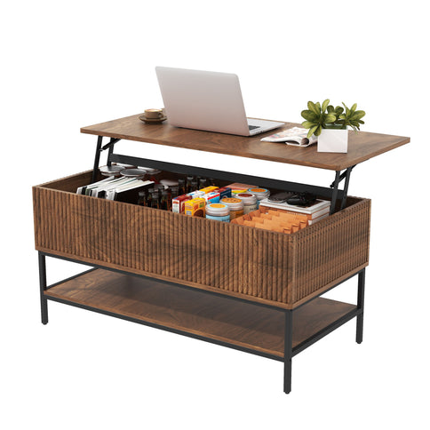 Rectangle Lift Top Coffee Table With Hidden Storage And Lower Shelf - Brown