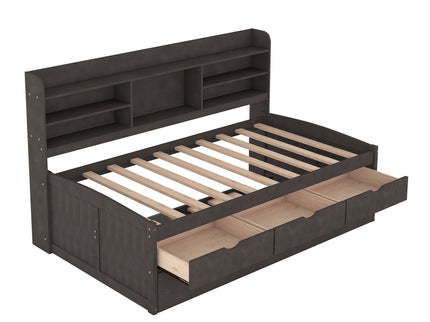 Captain Bed With Built In Bookshelves, 3 Storage Drawers, And Trundle