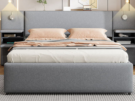 Upholstered Platform Bed With Reading Lights, Drawers, Trundle And Shelves