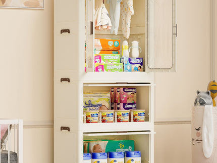 Portable Wardrobe Closet Storage Organizer With Magnetic Doors And Hanging Rod - Cream White