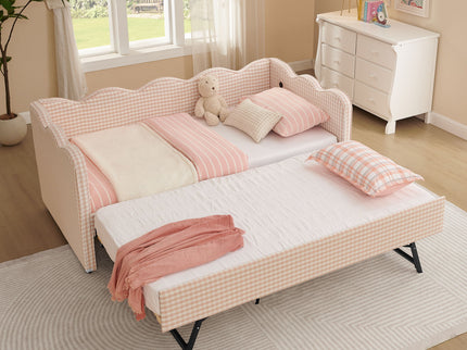 Gingham Daybed With USB Charging Port, Wave Shaped Design