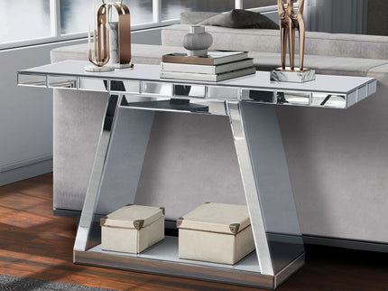 Modern Luxe Full Body Mirror Entryway Table With Trapezoid Base, 360° Reflective Console, Scratch Resistant, Open Storage - Silver