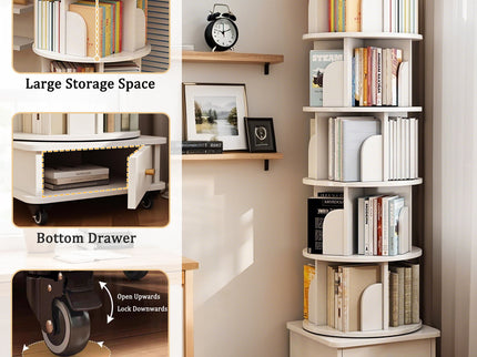 Rotating Bookshelf With Wheels And Drawer, 360° Spinning Design, Space Saving Storage