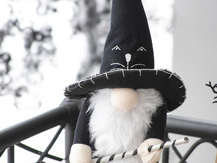 Sitting Gnome With Broomstick & Long Legs, For Halloween Decor - Black White