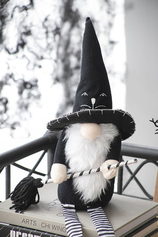 Sitting Gnome With Broomstick & Long Legs, For Halloween Decor - Black White