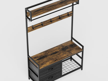Hall Tree With 2 Movable Drawers, Shoe Storage, Shelves, Garment Racks, And 23 Hooks For Entryway - Rustic Brown