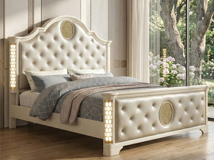 Jasmine - Queen Size Tufted Upholstery & LED Bed - Beige