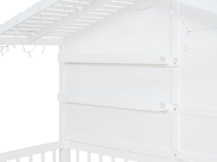 House Bed With Shelves, Window And Sparkling Light Strip On The Roof