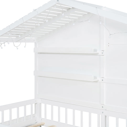 House Bed With Shelves, Window And Sparkling Light Strip On The Roof