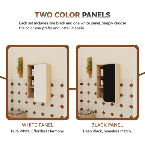 Wall Mounted Bathroom Side Cabinet, Single Door With 3 Tier Open Shelves - Black / Light Oak / White