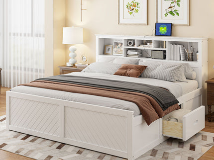 Platform Bed With Multi Storage Headboard, USB And Drawers
