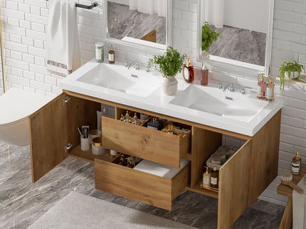 Double Sink Bathroom Vanity, Cabinet & Soft Close Doors, Divided Drawers, Wall Mounted Storage - Wood