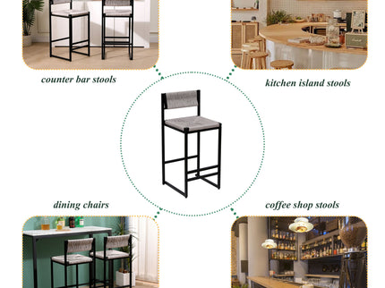 Bar Stools Paper Rope Weave Dining Chairs With Back Hand Weave Stools For Kichen Island, Bar & Counter (Set of 2)
