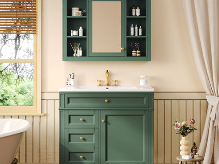 Bathroom Vanity With Mirror Cabinet, Single Sink With 2 Soft Closing Doors And 4 Drawers