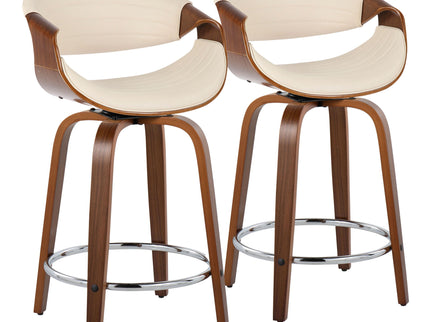 Symphony - Mid-Century Modern Fixed Height Counter Stool With Swivel And Round Footrest (Set of 2) - Walnut / Cream