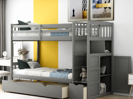 Bunk Bed, Convertible Bottom Bed, Storage Shelves And Drawers