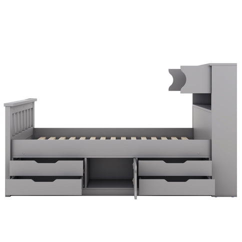 Captain Platform Bed Frame With Storage Bookcases, Shelves, And 4 Drawers