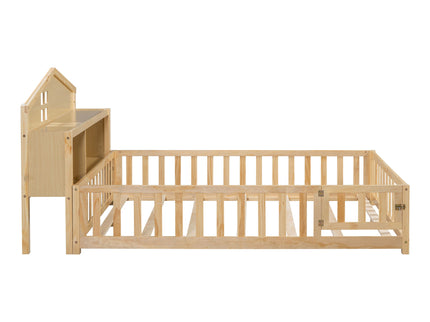 Full Size Montessori Floor Bed With Bookcases And boards, Solid Wood Platform Bed With Guard Rails And Storage Headboards - Natural