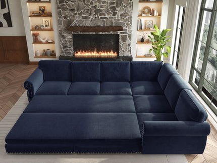 L-Shaped Sofa Couch With Pull Out Bed With Nailhead Trim & Rolled Arm