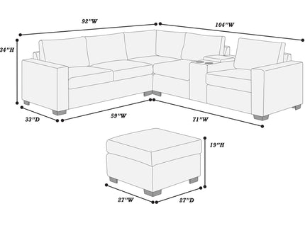 Contemporary L-Shaped Sectional Set With USB Console & Ottoman