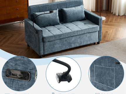 Pull-Out Sleeper Sofa With Reversible Backrest Cushion, Side Pockets, 2 USB Ports And A Phone Holder For Living Room