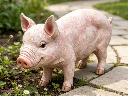 Cute Pig Garden Statue, Farm Pig Figurine Lawn Ornament, Weatherproof Outdoor Sculpture Decor - Baby Pink