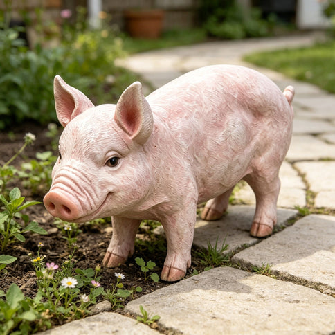 Cute Pig Garden Statue, Farm Pig Figurine Lawn Ornament, Weatherproof Outdoor Sculpture Decor - Baby Pink