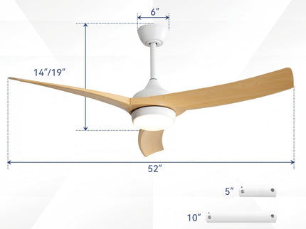 52" Ceiling Fan With 18W LED Light And Remote Control, 3 Blades DC Motor