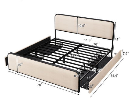 Modern Bed With Curved Upholstered Headboard And Footboard, Heavy Duty Metal Slats